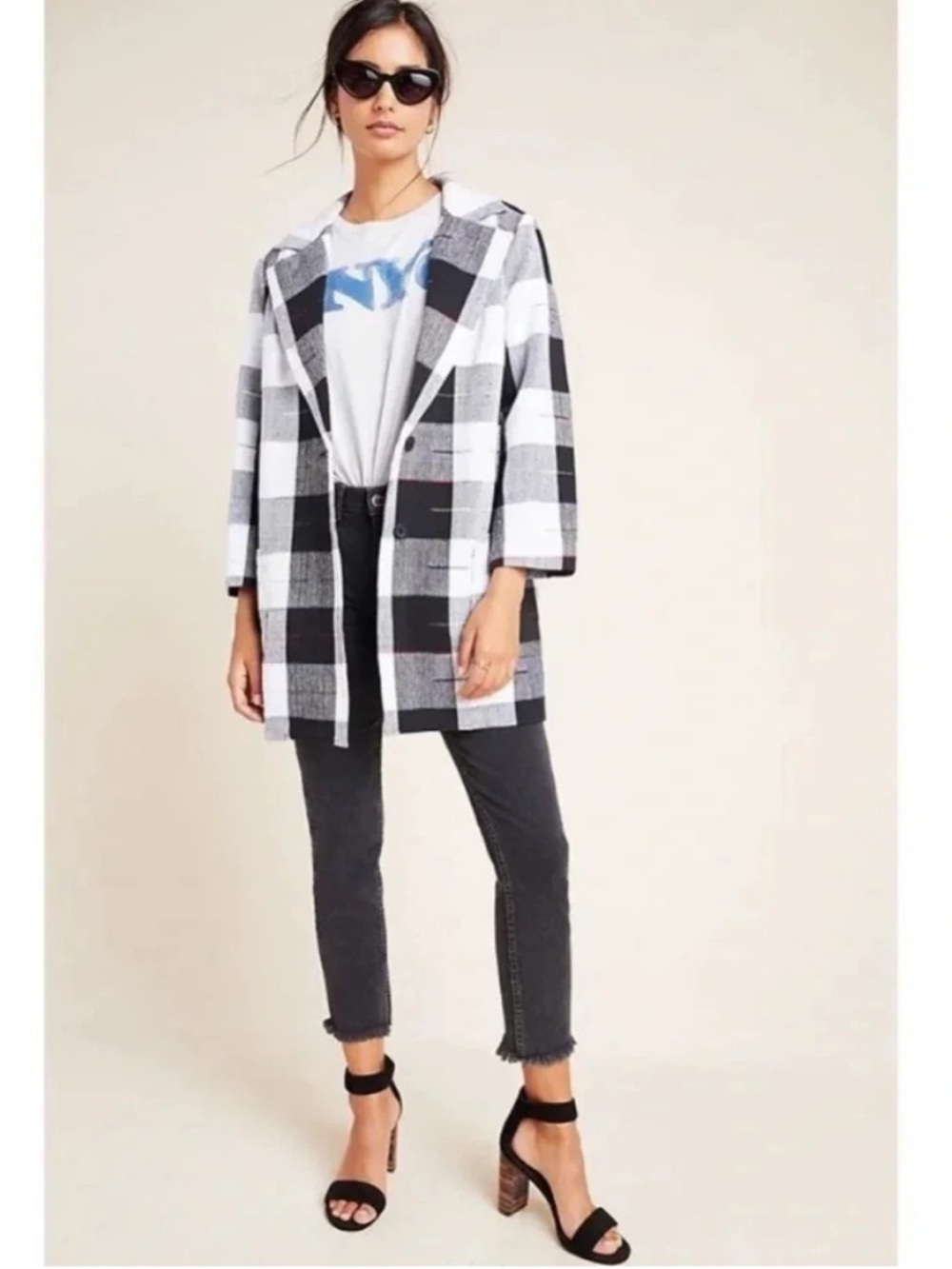 Anthropologie The Odells Cairo Plaid Blazer Jacket Black White Gingham Check L - Picture 11 of 16